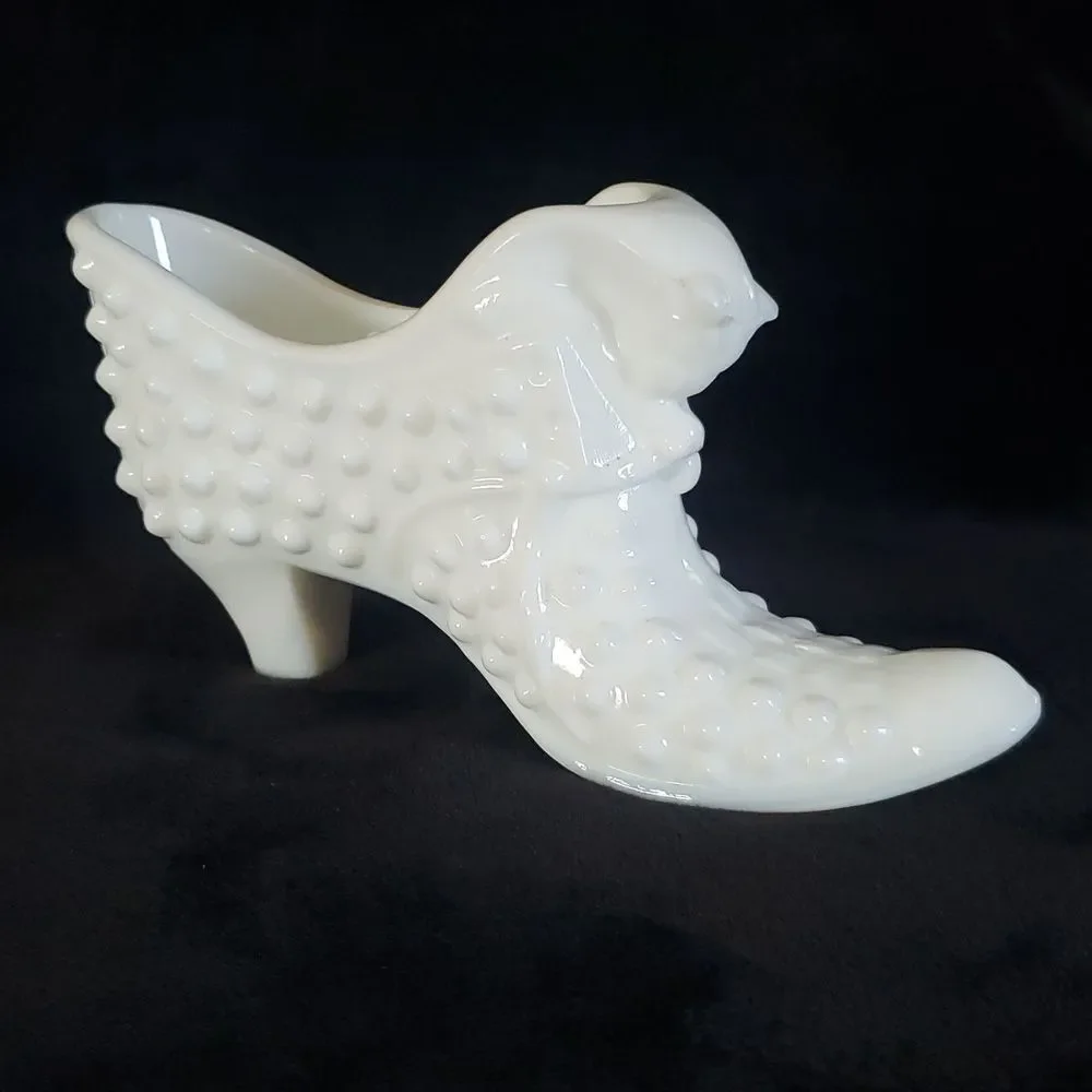 Vintage White Milk Glass Hobnail Victorian Shoe
